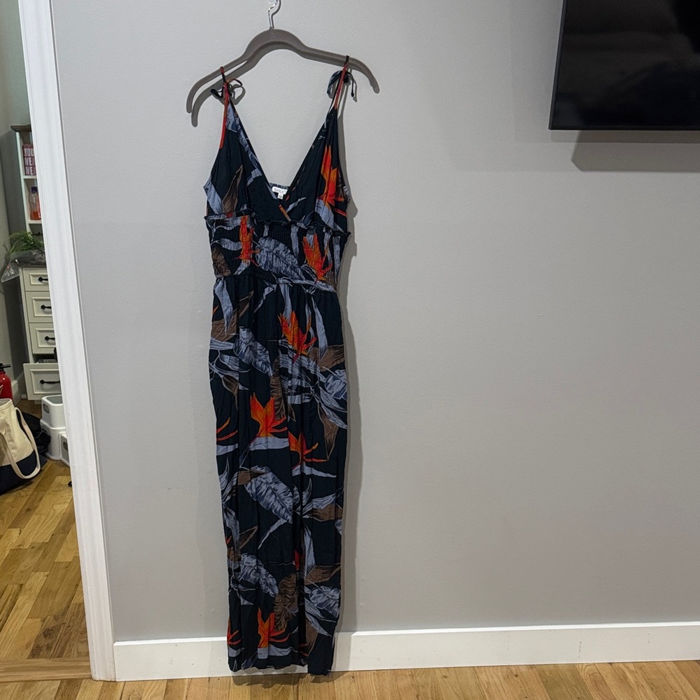 Women's Navy Tropical Print Jumpsuit with Tie Straps